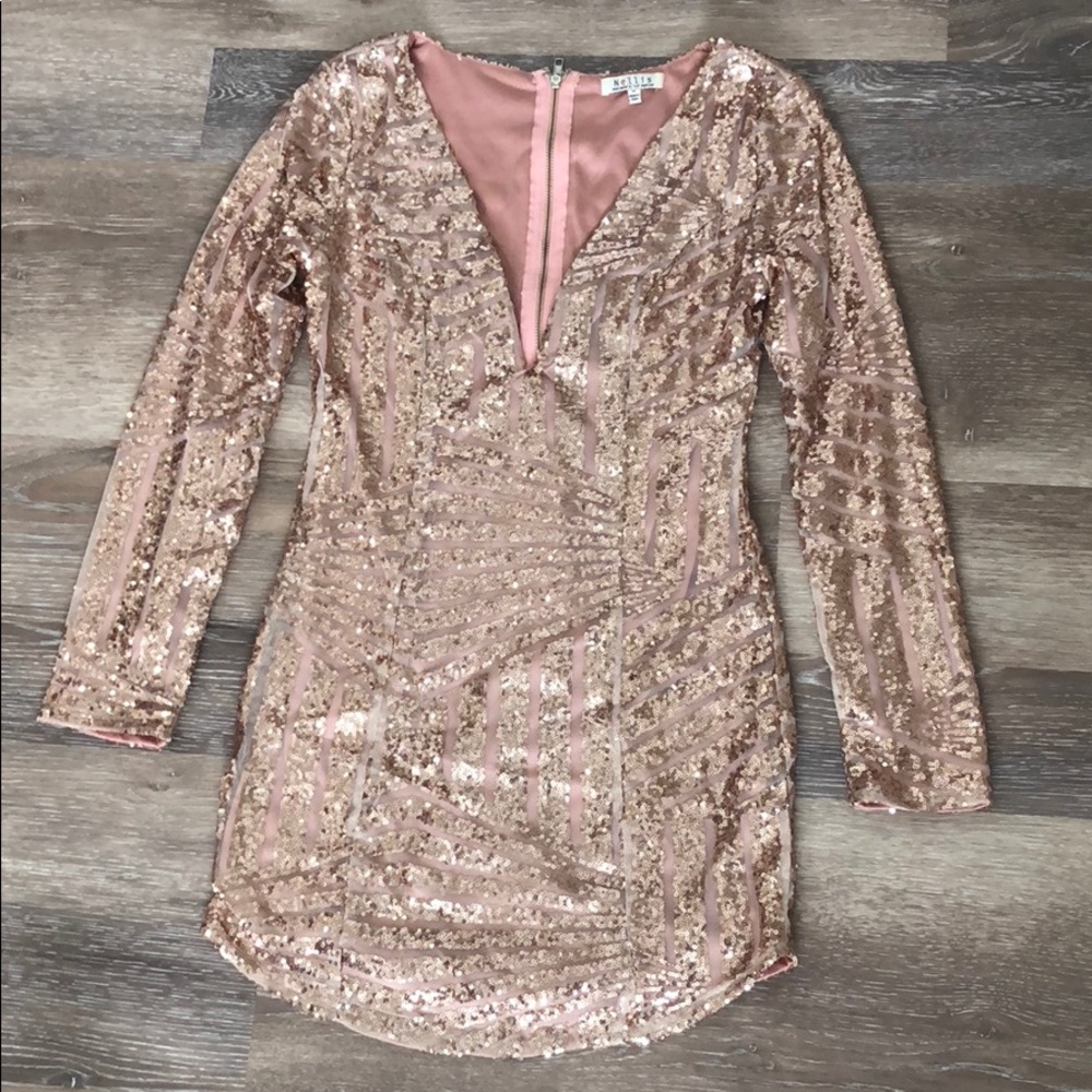 Nellis Rose Gold Sparkle Deep V Dress!